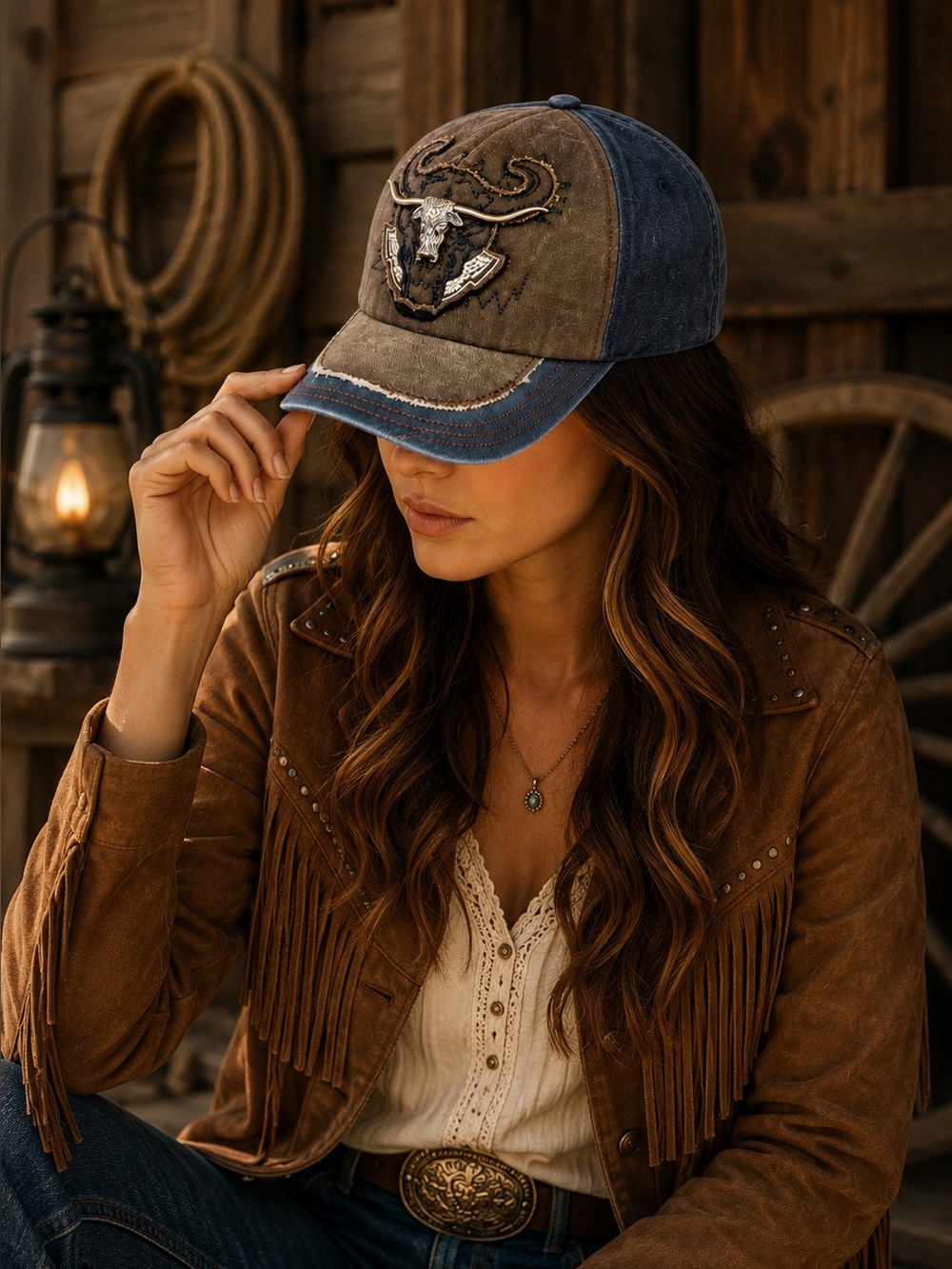 Western Longhorn Skull Distressed Baseball Cap Boho Cowgirl Hat Boutique Western